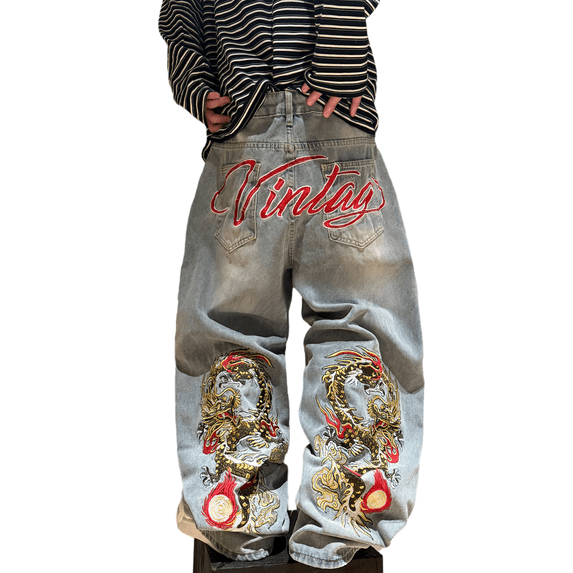 Mrmall Men's Wide Leg Jeans Vintage Baggy Jeans Embroidery Casual Loose Fit Denim Pants with Pockets