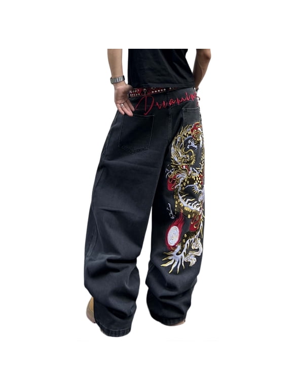 Mens Baggy Jeans Dragon Embroidered Wide-Leg Denim Pants Y2K Hip Hop Streetwear Loose Long Trousers