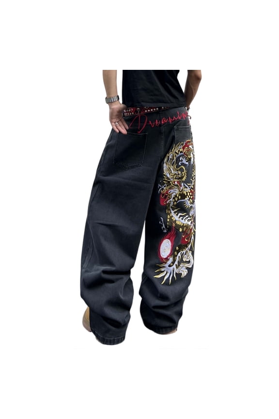 Mens Baggy Jeans Dragon Embroidered Wide-Leg Denim Pants Y2K Hip Hop Streetwear Loose Long Trousers