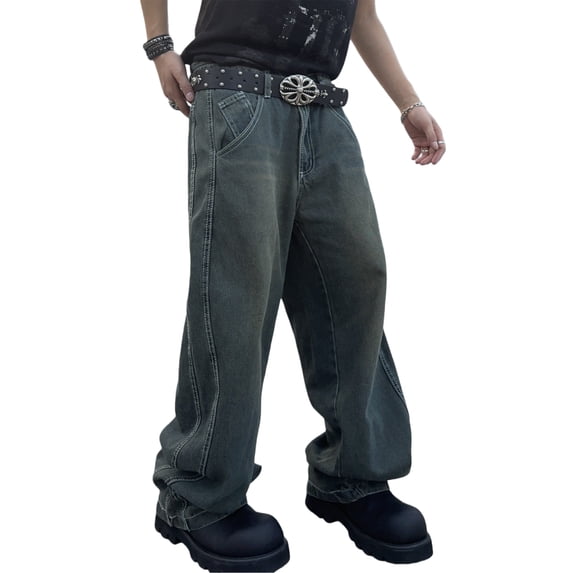 Mrmall Mens Baggy Jeans Y2k Skater Vintage Plain Pants Casual Wide Leg Jeans Loose Fit Denim Jeans Streetwear