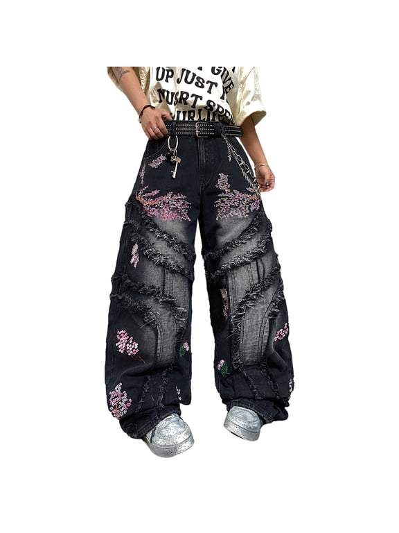Mens Cherry Blossom Embroidery Baggy Jeans Fringe Patchwork Wide‑Leg Denim Pants Y2K Streetwear Trousers