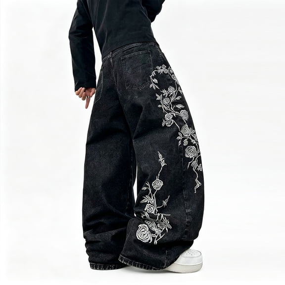 Mrmall Vintage Rose Embroidered Baggy Jeans for Men Washed Black Wide Leg Loose Fit Floor‑Length Denim Pants Streetwear Trousers