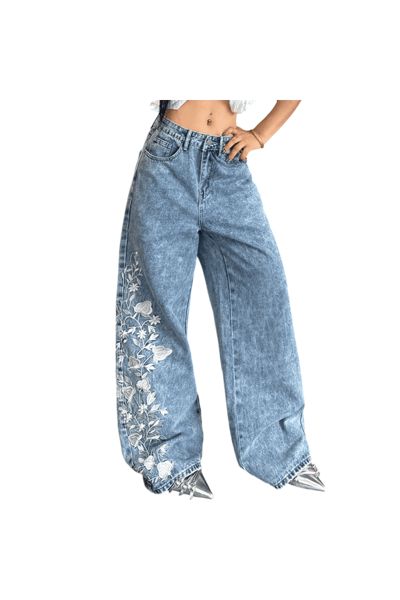 Women Baggy Jeans Floral Embroidered Wide Leg Denim Pants Y2k Hip Hop Loose Long Trousers Streetwear