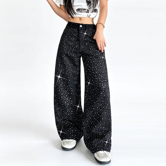 Mrmall Women's Rhinestone Wide Leg Jeans Black Sparkly Baggy Denim Pants Y2K Trendy Trousers for taking photos and casual hangouts