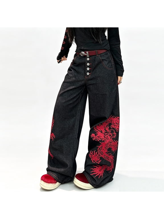 Women's Side Red Dragon Embroidered Wide Leg Denim Pants Button‑Fly Loose Baggy Floor‑Length Jeans(Not Included belt)