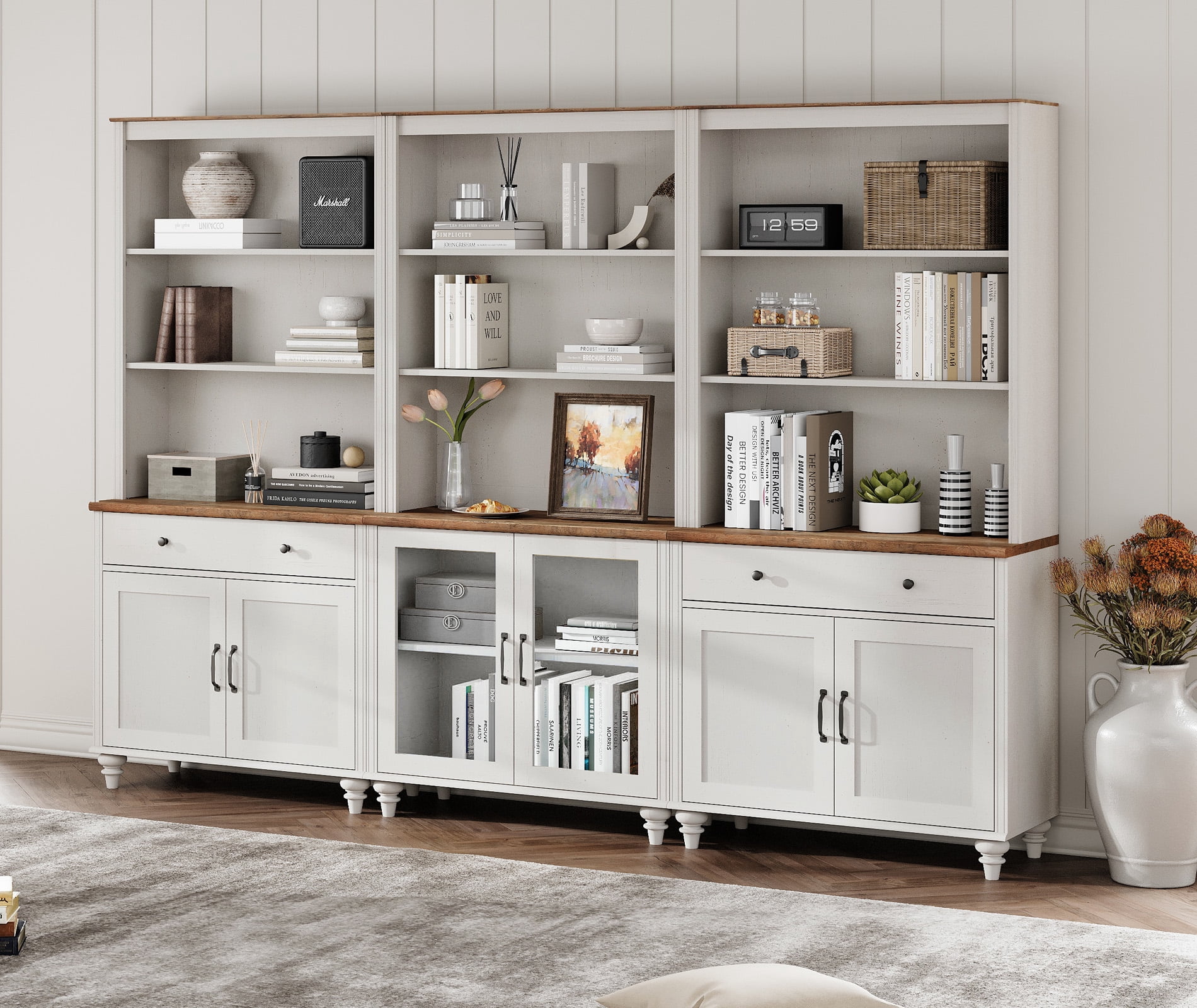 Mroden Farmhouse White Sideboard Credenza 72" Tall with 5-Tier Storage, Adjustable Shelves & Glass Door Storage Cabinet for Living Room, Study & Bedroom
