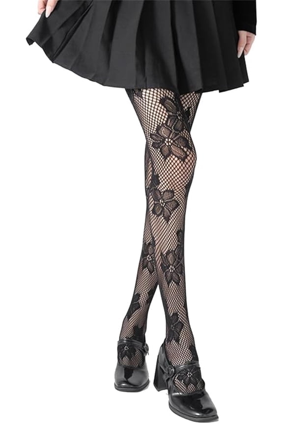 Mrotrida Women's Floral Patterned Fishnet Tights Y2k Gothic Flower Lace See Through Pantyhose Stocking