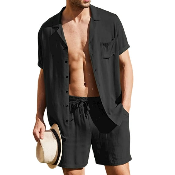 Mrrootc Men's Summer 2Pcs Solid Color Flax Button-Up Shirt + Elastic Waist Shorts
