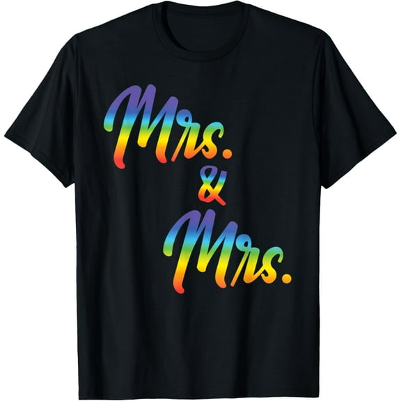 Mrs. And Mrs Just Married Lesbian Bridal Rainbow Color Print T-ShirtMen and women, Black T-shirt, size: Extra large
