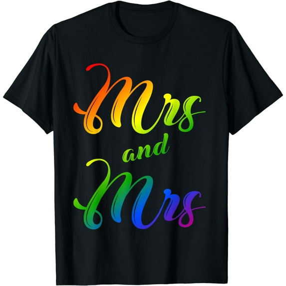 Mrs. And Mrs Just Married Lesbian Bridal Rainbow Color Print T-Shirt