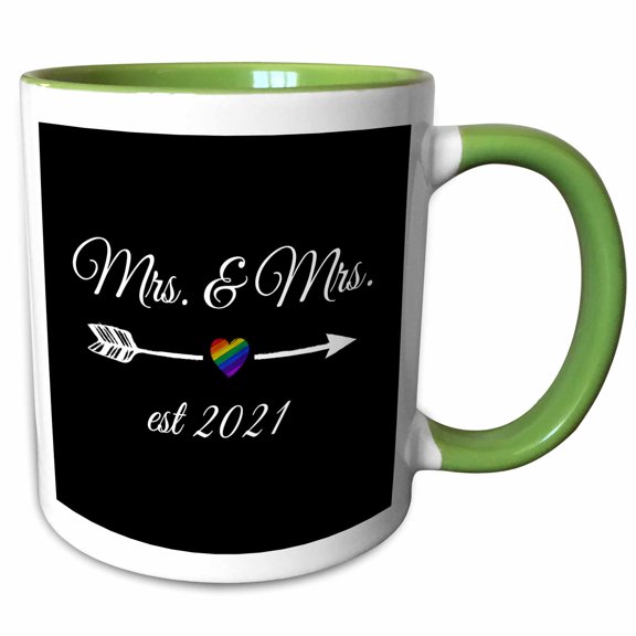 3drose, Mrs. and Mrs. with Rainbow Heart in Arrow Est 2021 on Black Background, 15oz Two-tone Green Mug