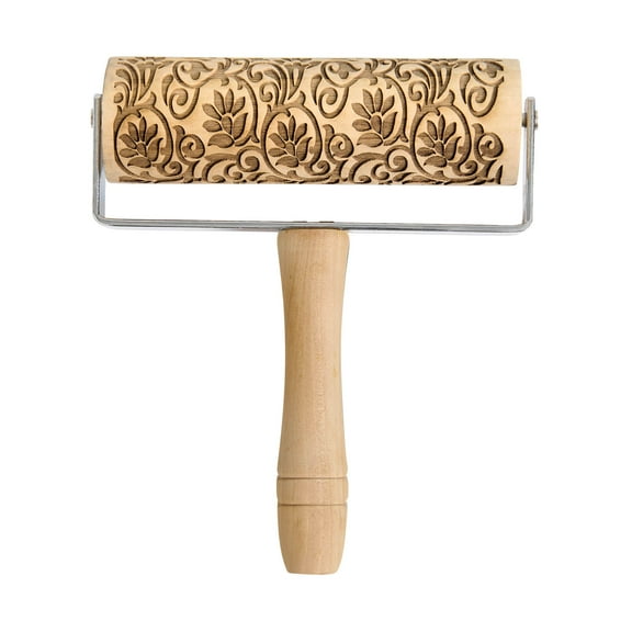 Mrs. Anderson's Baking Mini Embossing Rolling Pin, Floral Scroll Design, Poplar Wood and Chrome-Plated Iron