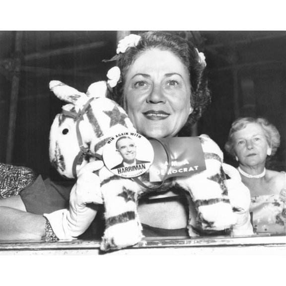 Mrs. Averill Harriman Poses With A Toy Donkey Wearing A 'Harriman For President' Button. Aug. 14 History
