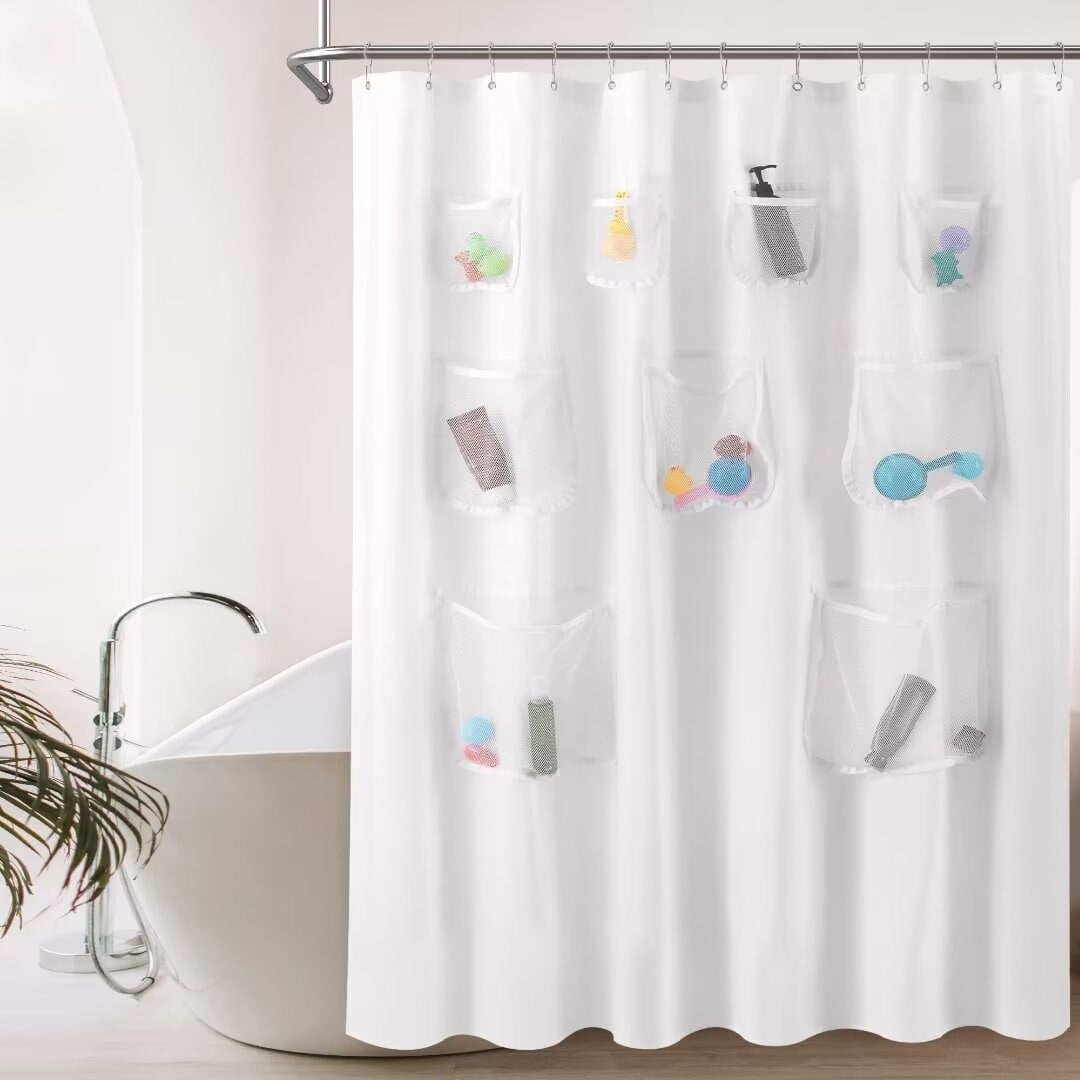 Mrs Awesome 9 Mesh Pockets Shower Curtain or Liner 72"W x 72"L White