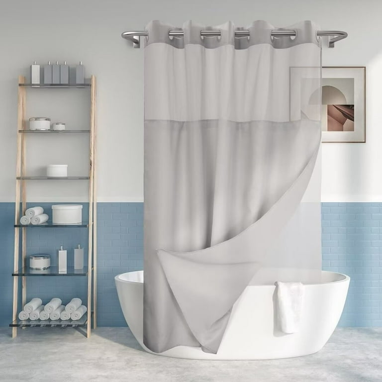 Mrs Awesome No Hook Slub Textured Shower Curtain with Snap-in PEVA Liner  Set 71W x 80L - Sliver Gray 