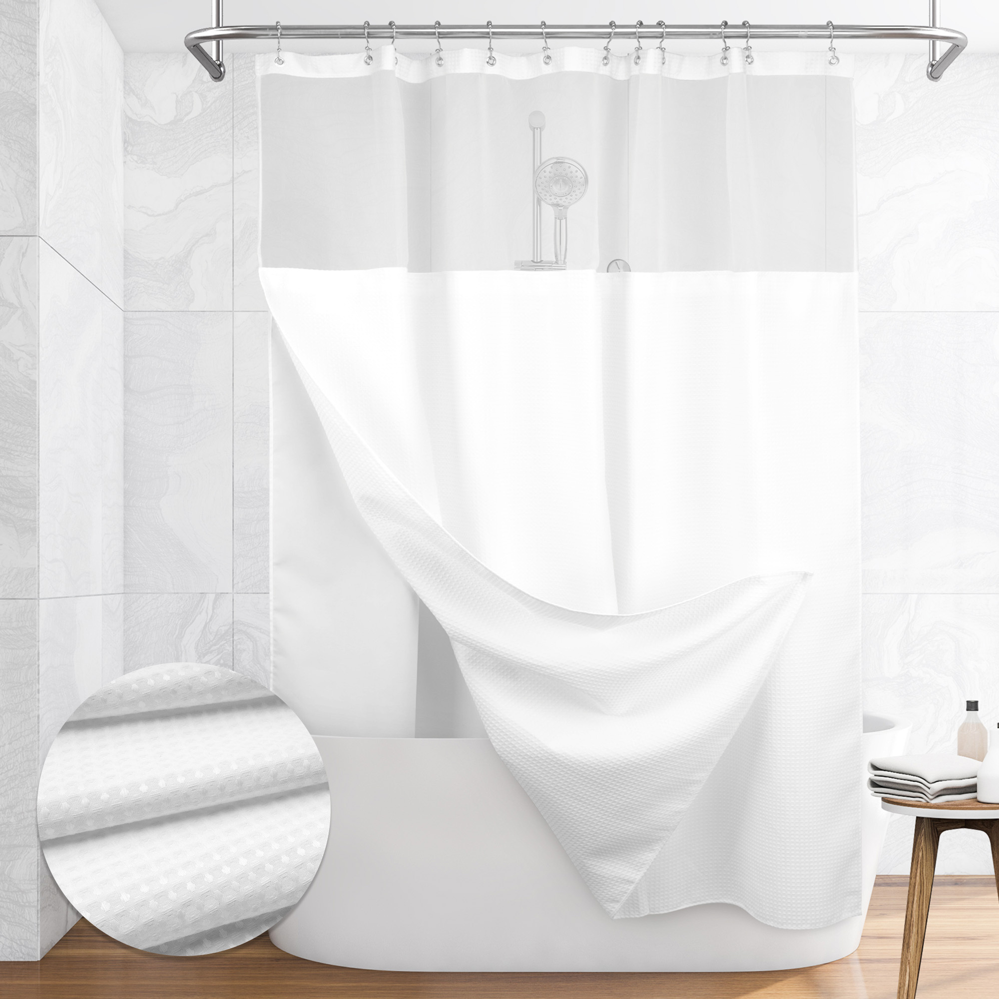 EZON® Waffle Weave Fabric Shower Curtain with built in snap off liner