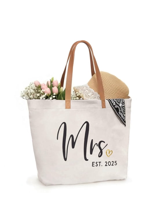 Mrs Bag Mrs Gifts 2025 Bride Gifts Bride Tote Bag Wedding Bridal Shower Bachelorette Party Honeymoon Large Travel Canvas Totes with Zipper