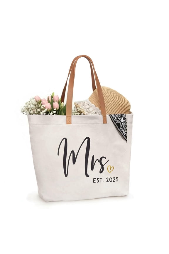 Mrs Bag Mrs Gifts 2025 Bride Gifts Bride Tote Bag Wedding Bridal Shower Bachelorette Party Honeymoon Large Travel Canvas Totes with Zipper