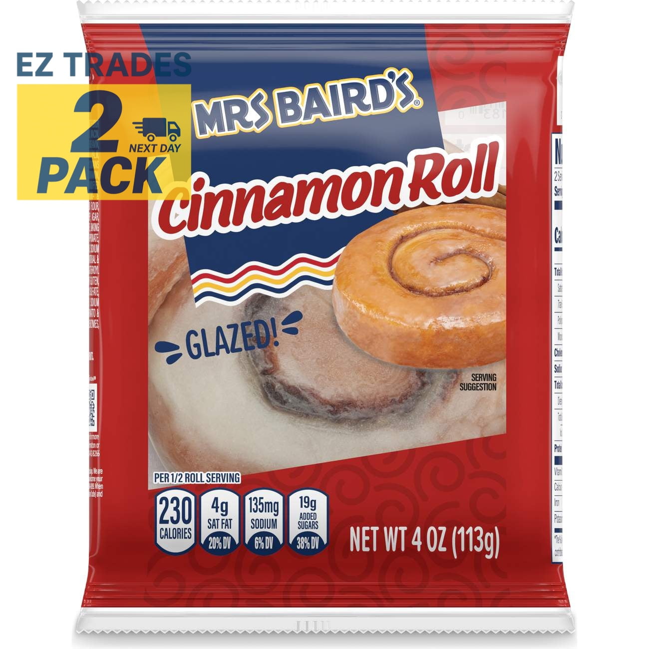 Mrs Baird's Glazed Cinnamon Roll Individually Wrapped, 5 oz pack of 2, Glazed Cinnamon Roll, Mrs Baird's Cinnamon Roll, Individually Wrapped, 5 oz, pack of 2, ship from EZ Trades