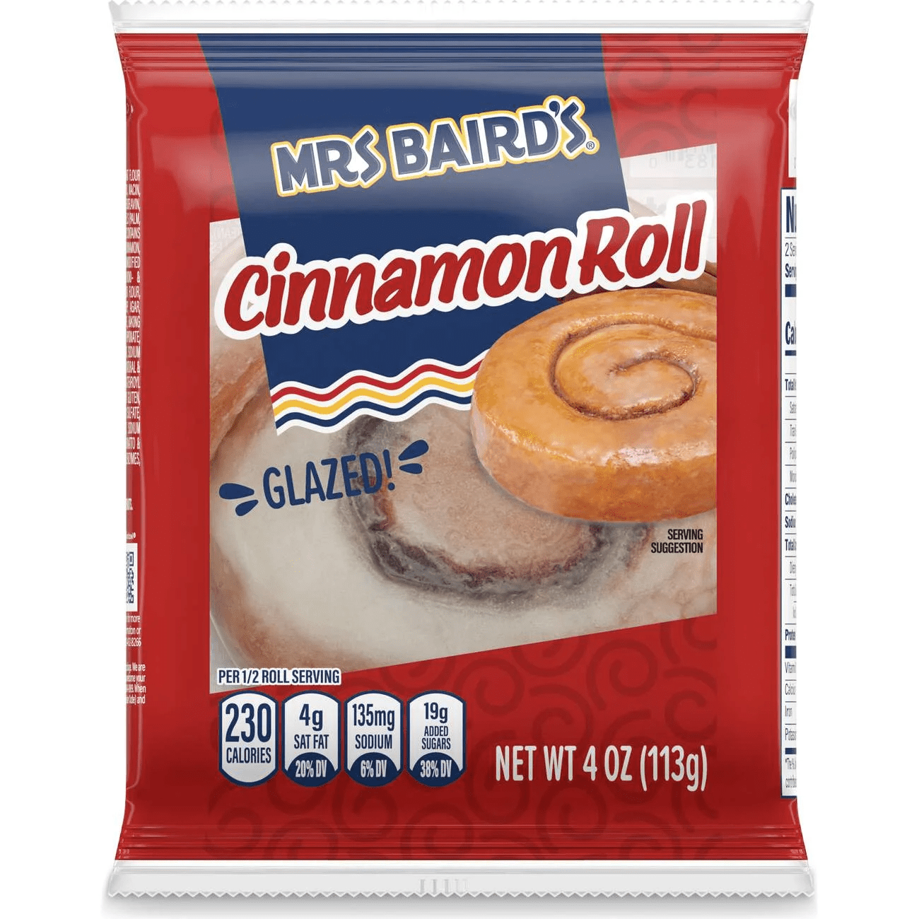 Mrs Baird's Glazed Cinnamon Roll Individually Wrapped, 5 oz pack of 1