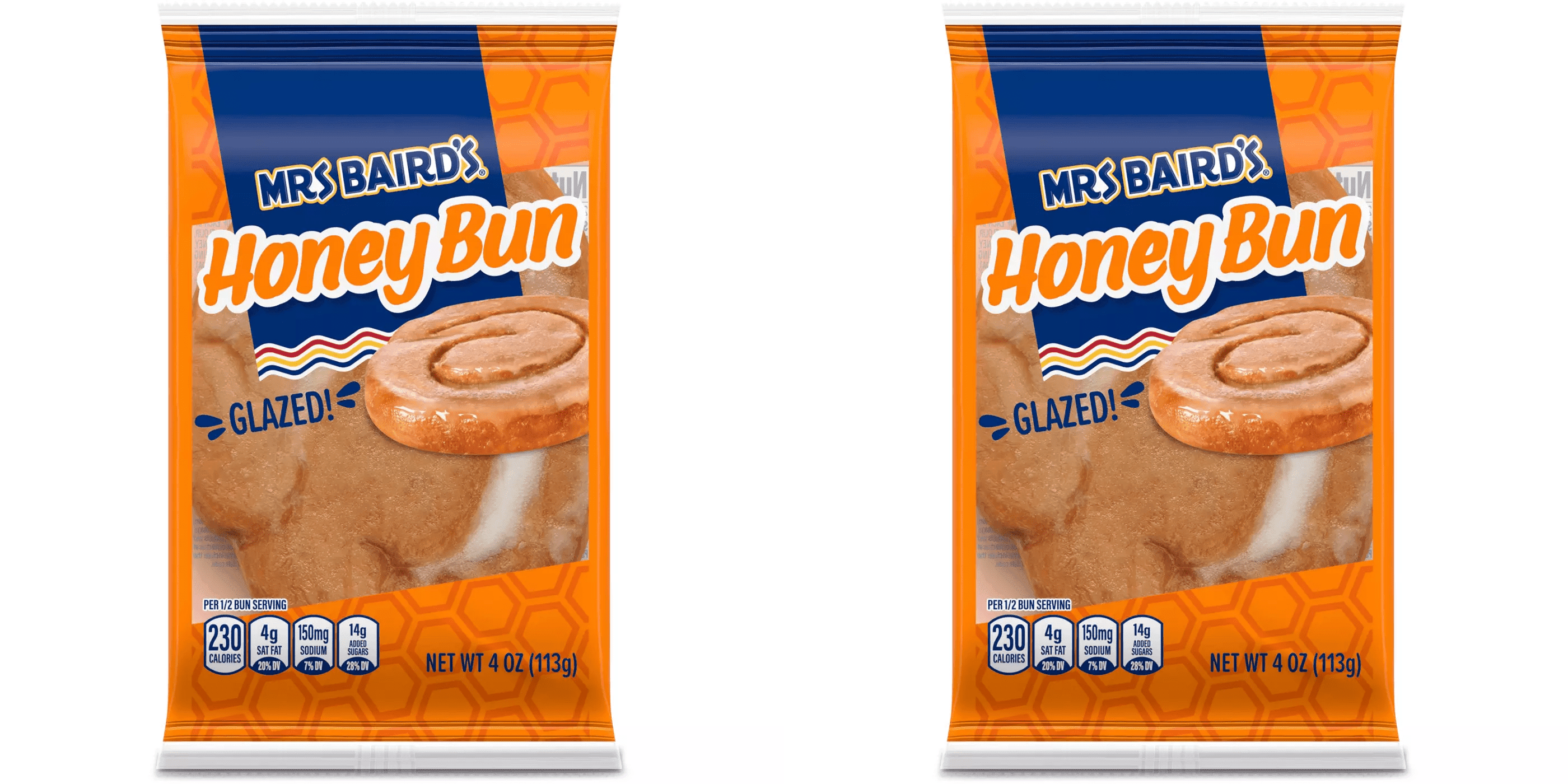 Mrs Baird's Glazed (Individual) Honey Bun, 4 oz pack of 2