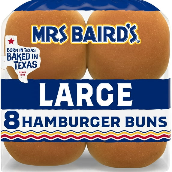 Mrs Baird's Large Hamburger Buns, 8 count, White Hamburger Buns, 18.25 oz Bag