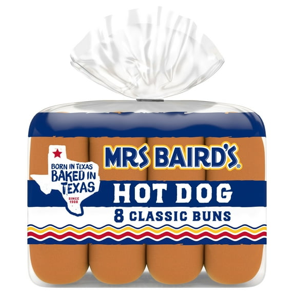Mrs Baird's White Classic Buns, 8 count, Sliced Hot Dog Buns, 12 oz Bag