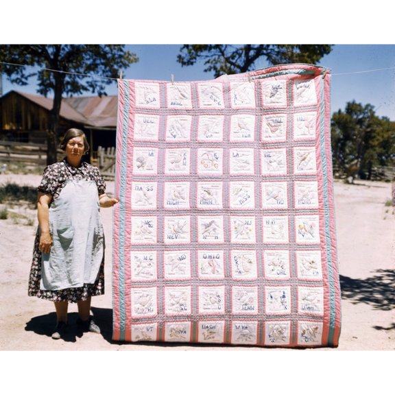 Mrs. Bill Stagg With State Quilt That She Made History (24 x 18)