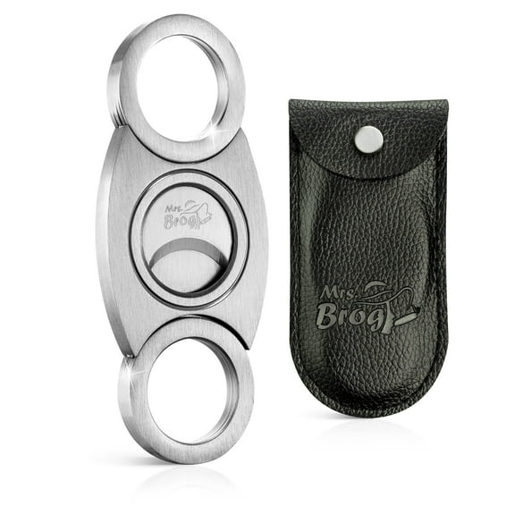 Mrs. Brog Stainless Steel Cigar Cutter with Back Protector - Round Ends and Body - Leather Pouch - Guillotine Double Blade for a Precise Perfect Cut