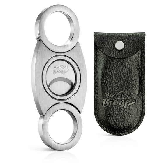 Mrs. Brog Stainless Steel Cigar Cutter with Back Protector - Round Ends and Body - Leather Pouch - Guillotine Double Blade for a Precise Perfect Cut