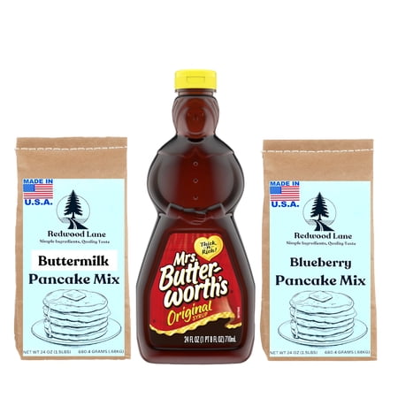 Mrs Butterworth Pancake Syrup With Pancake Mix and Blueberry Waffle Mix, 24 oz Bags, 3 Piece Bundle