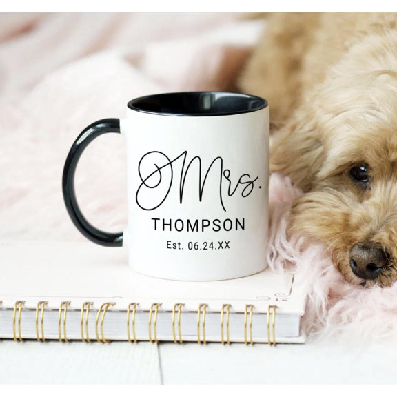Mrs Calligraphy Script Black Est Date Mug, Bekilab, Bekilab Ceramic Coffee Mug, 11oz 15oz Gift