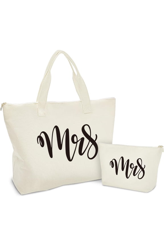 Mrs Canvas Tote Bag with Zipper, Bride Gifts for Bachelorette Party, Engagement, Wedding, Bridal Shower