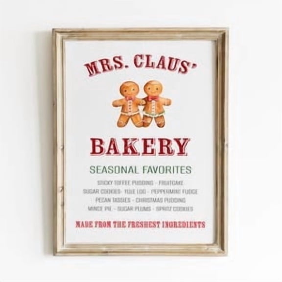 Mrs. Claus' Bakery Print Festive Dessert Menu Wall Art Winter Kitchen North Pole Baking Sign Poster Print