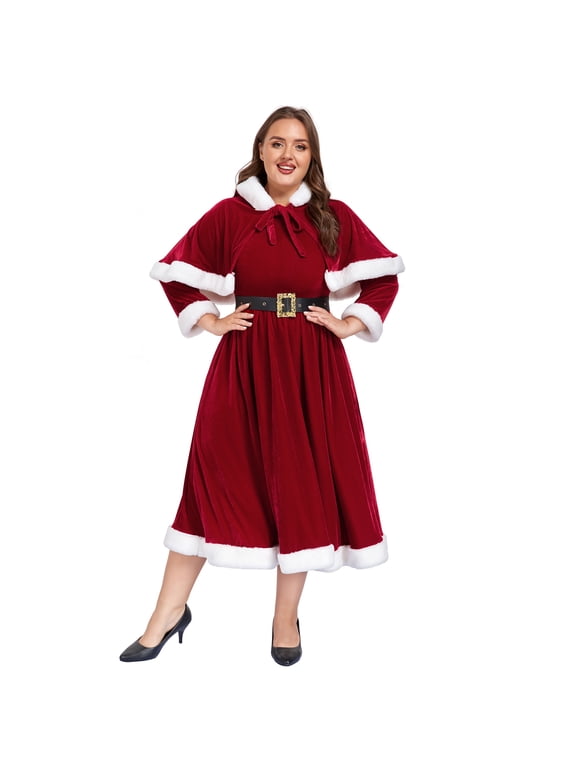 Mrs Claus Costume for Women 3PCS Deluxe Velvet Adult Miss Santa Dress Plus Size Xmas Outfit Set with Hooded Cape Belt-3XL