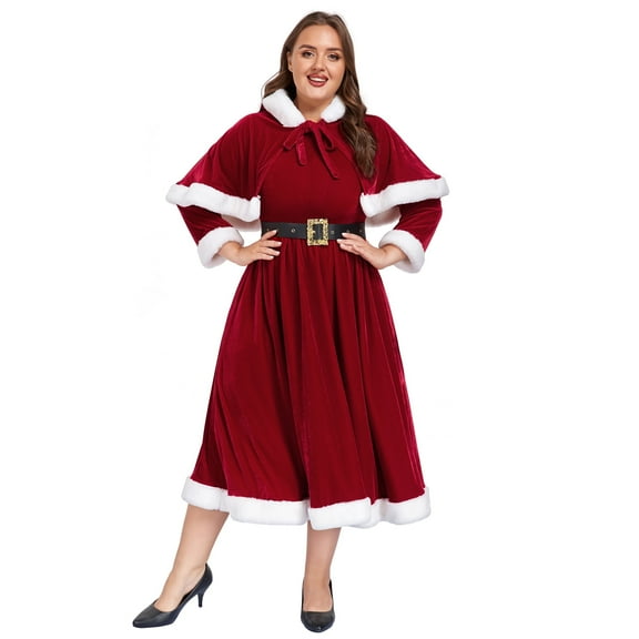 Mrs Claus Costume for Women 3PCS Deluxe Velvet Adult Miss Santa Dress Plus Size Xmas Outfit Set with Hooded Cape Belt-S