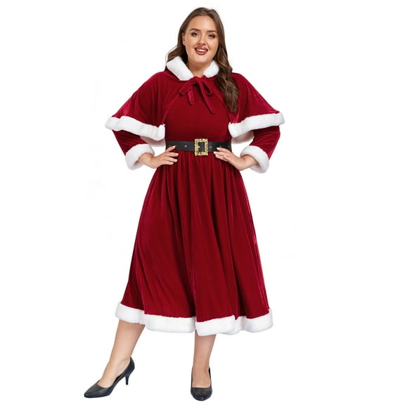 Mrs Claus Costume for Women 3PCS Deluxe Velvet Adult Miss Santa Dress Plus Size Xmas Outfit Set with Hooded Cape Belt-XL