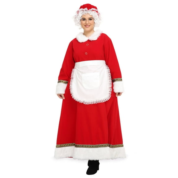 Mrs Claus Costume for Women 5PCS Adult Miss Santa Clause Dress Outfit Suit Christmas with Bonnet Apron Hair Wigs Hat and Glasses -XL