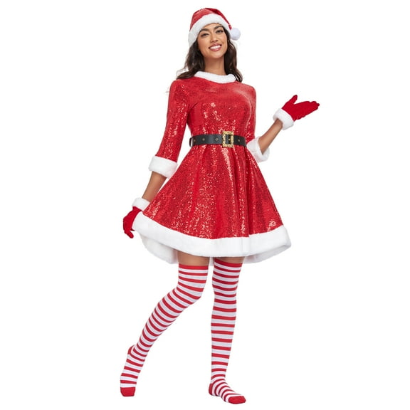 Mrs Claus Costume for Women 5PCS Adult Miss Santa Clause Sequin Dress Outfit Suit with Hat Belt High Socks Gloves-3XL