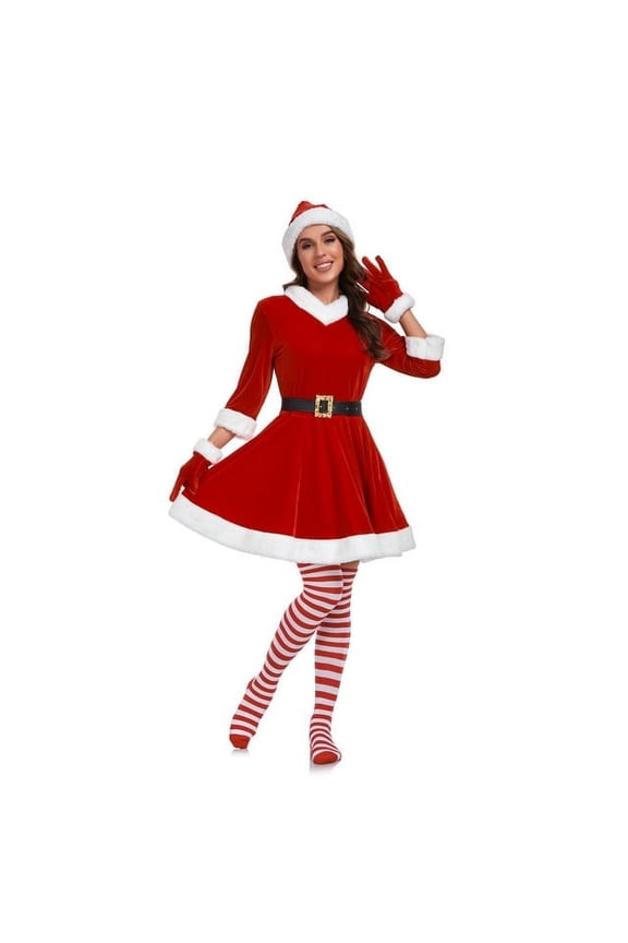 Mrs Claus Costume for Women 5PCS Chirstmas Outfit Adult Velvet Santa Dress with Belt High Socks Hat Gloves -M
