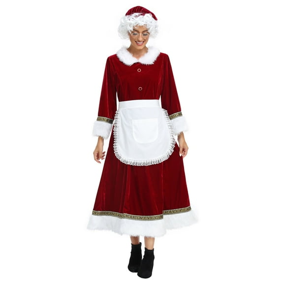 Mrs. Claus Costume for Women Adult Christmas Plus Size Dress with Bonnet Apron White Hair Wigs and Wire Rim Glasses -XXL