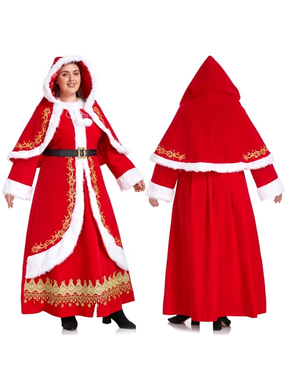 Mrs Claus Costume for Women Christmas Santa Costume Dress Adult Plus Size Miss 3PCS Red Cosplay Outfit Xmas Party