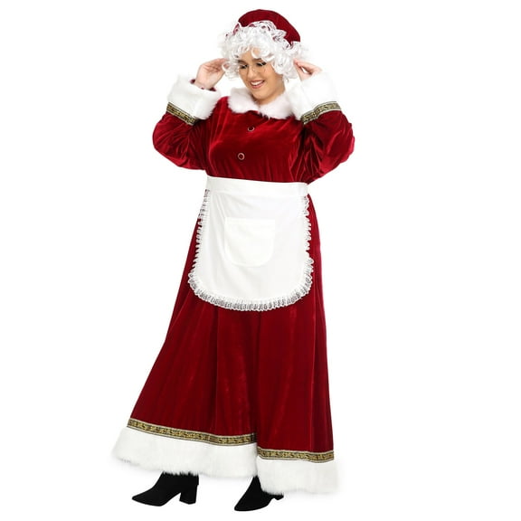 Mrs. Claus Costume for Women Plus Size Outfit Chirstmas Adult Santa Dress with Apron Wig and Glasses for Cosplay Party -3XL