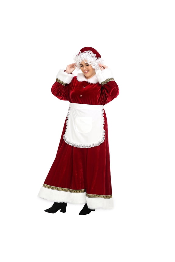 Mrs. Claus Costume for Women Plus Size Outfit Chirstmas Adult Santa Dress with Apron Wig and Glasses for Cosplay Party -M