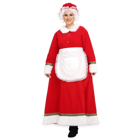 Mrs. Claus Costume for Women Plus Size Outfit Chirstmas Adult Santa Dress with Apron Wig and Glasses for Cosplay Party -M