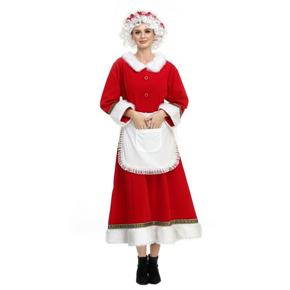 Mrs. Claus Costume for Women Plus Size Outfit Chirstmas Adult Santa Dress with Apron Wig and Glasses for Cosplay Party -XL
