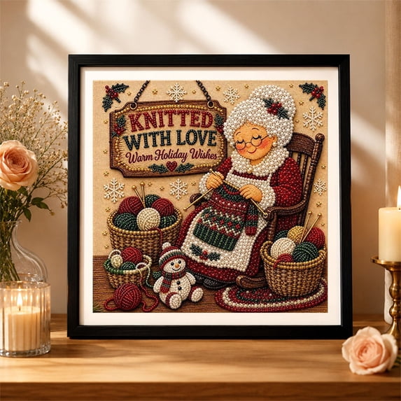 Mrs. Claus Pearl Art Kit for Adults, Diamond Painting Kit With Frame, DIY Home Decor Wall Art, Beginner DIY Seasonal Party Gift 3D Pearl Sparkle