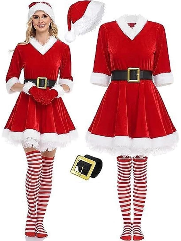 Mrs Costume for Women 5PCS Chirstmas Outfit Adult Velvet Santa Dress with Belt High Socks Hat Gloves (XXL)
