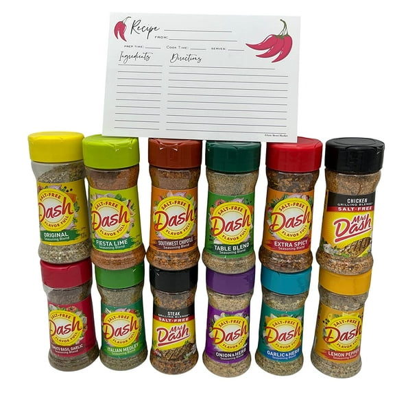 Mrs. Dash No Salt Seasonings Blend Variety New Starter Set - 12 Flavors (28.8 oz Total) with Blank June Street Market Recipe Card