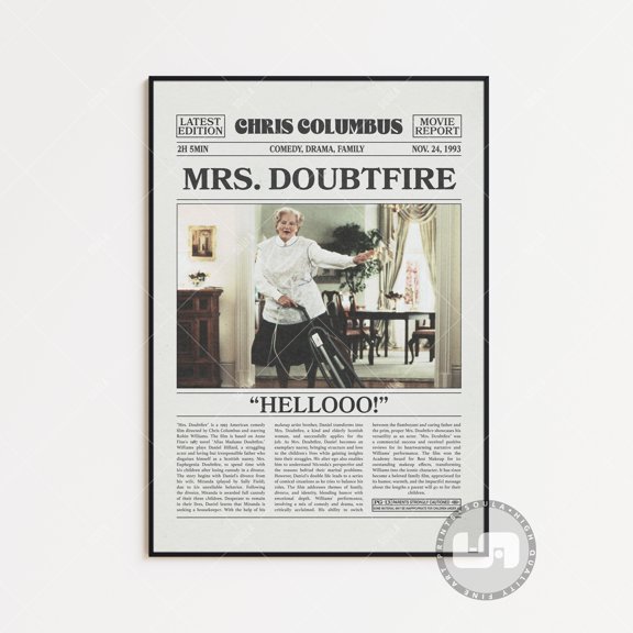 Mrs Doubtfire Chris Columbus Retro Newspaper Movie Poster